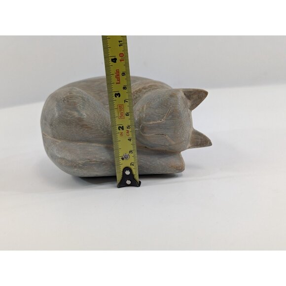 Curled Up Sleeping Cat Figurine Carved Etched Wood Gray Vtg Kitten Statue 5" - Picture 9 of 9